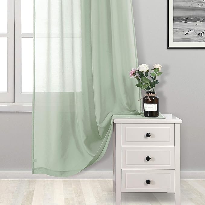 DWCN Bean Green Sheer Curtains Semi Transparent Voile Rod Pocket Curtains for Bedroom and Living Room, 52 x 72 inches Long, Set of 2 Panels