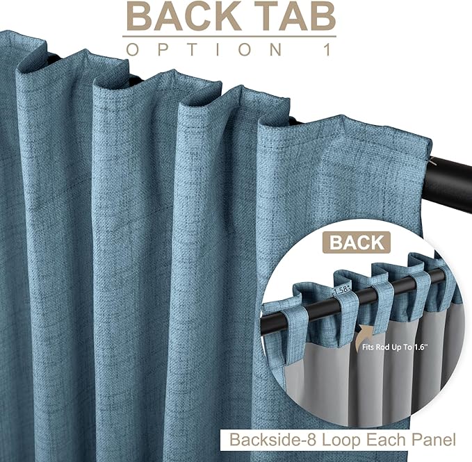 100% Blackout Shield Linen Blackout Curtains for Bedroom 108 Inches Long, Back Tab/Rod Pocket Living Room Drapes, Thermal Insulated Blackout Curtains 2 Panels Set, 50" W x 108" L, Stone Blue