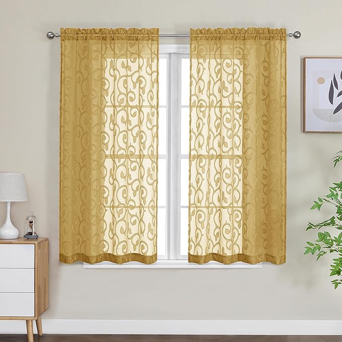 OWENIE Furman Gold Sheer Curtains 45 Inch Length 2 Panels Set for Living Room Bedroom Bathroom Window, Airy Jacquard Clip Short Curtains for Small Window, 40Wx45L inch