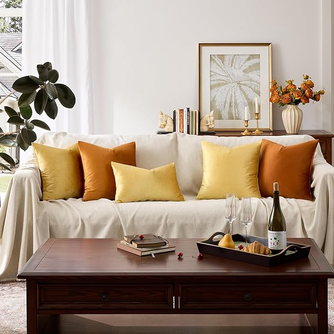 GIGIZAZA Decorative Couch Throw Pillow Covers,Set of 2 Yellow Square Pillow Cushion Covers 22x22,Pillow Cases Velvet Pillow Covers