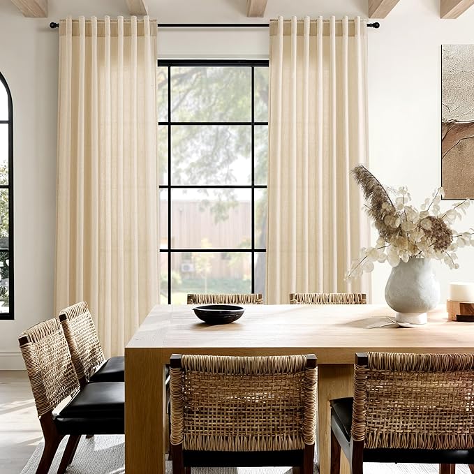 Extra Long Curtain 108 Inches Long Set Back Tab Tan Linen Drapes for Living Room Neutral Farmhouse Light Filtering Semi Sheer Linen Curtains 108 Inch Length for Large Window 9 FT, 2 Panels