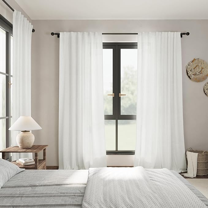 Extra Long Off White Curtains 105 inches Long 2 Panels Set for Bedroom Back Tab Opaque Draperies Urban Farmhouse Traditional Semi Sheer White Linen Curtains for Large Bay Window Glass Sliding Door