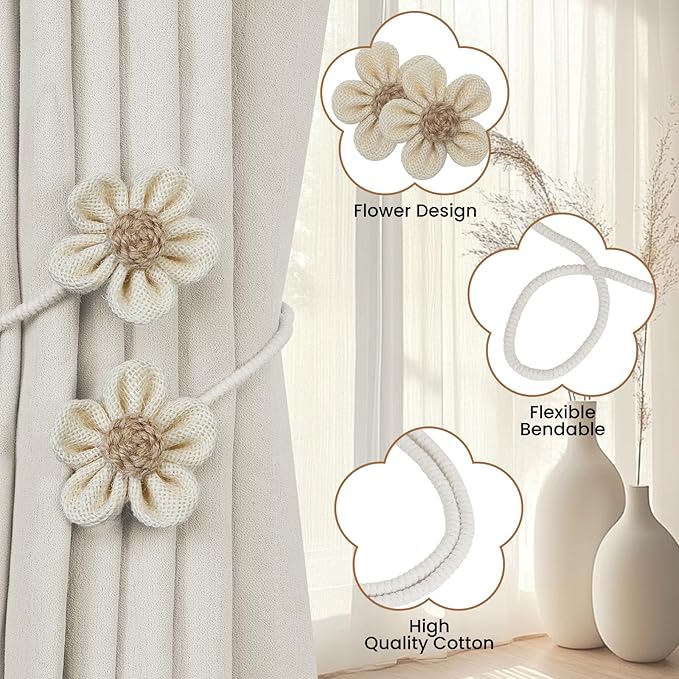 KLOGTSIND Flower Curtain Tiebacks, 4 Pack Curtain Ties Elegant DIY Curtain Holdbacks, Decorative Window Drape Twist Tie Backs for Boho Bedroom Decor, Nursery Decor, Farmhouse Decor