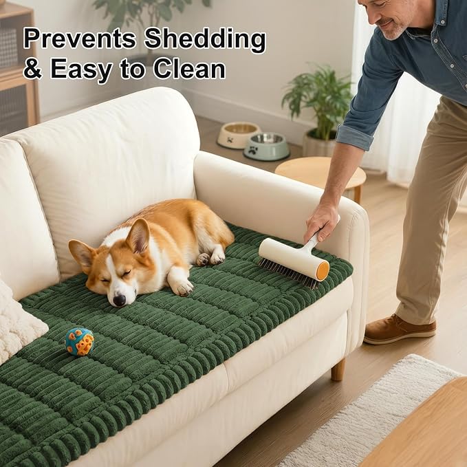Smiry Couch Cover for Dogs Washable, Non Slip Fuzzy Pet Couch Covers for 3 Cushion Sofa Pet Friendly, Thick Soft Sofa Slipcovers Cushion Protector (Dark Green, 27.6" x 47")