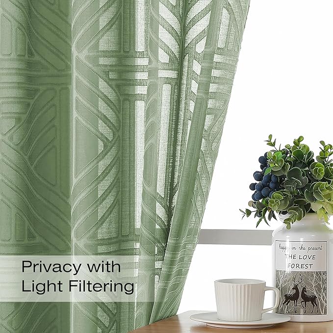 Simplebrand Sage Green Semi Sheer Curtains 84 Inches Long 2 Panels, Light Filtering Geometric Jacquard Clip Textured Sheer Curtains for Bedroom，Modern Elegant Window Curtains Drapes，42x84 inch