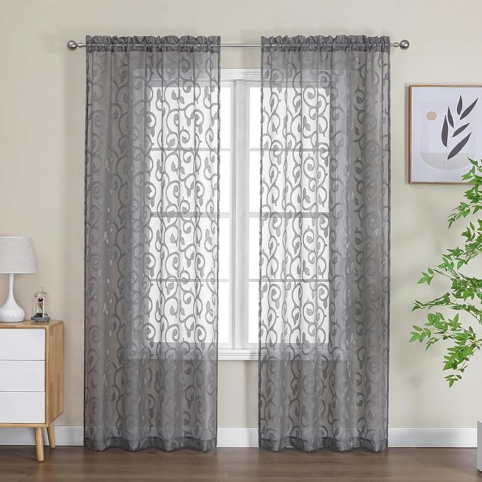 OWENIE Furman Grey Sheer Curtains 72 inches Long 2 Panels Set, Light Filtering Top Rod Pocket Semi Sheer Curtains for Door Panels, Geometric Jacquard Clip Design for Bedroom Living Room, 40Wx72L inch