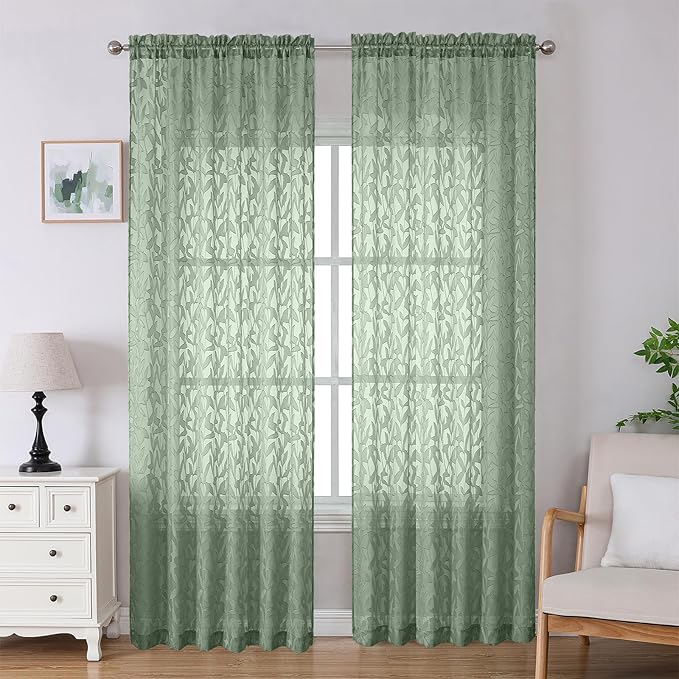 Lecloud Leia Sage Green Sheer Curtains 96 Inches Long 2 Panels, Airy Voile Jacquard Leaf Textured Curtains, Light Filtering Farmhouse Rod Pocket Curtain Drapes for Bedroom Living Room, 52" W x 96" L