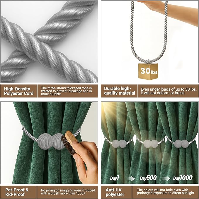 Hion Magnetic Curtain Tiebacks Grey 2pcs, Curtain Tiebacks Buckles Holdbacks Holders Hooks Clip for Home Bedroom Office Decorative Curtain