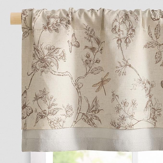 jinchan Floral Curtain Valance for Windows 16 Inch Linen Valance for Kitchen Living Room Rustic Cottage Farmhouse Flower Butterfly Curtain Rod Pocket 1 Panel Double Layer Blackout Taupe on Beige