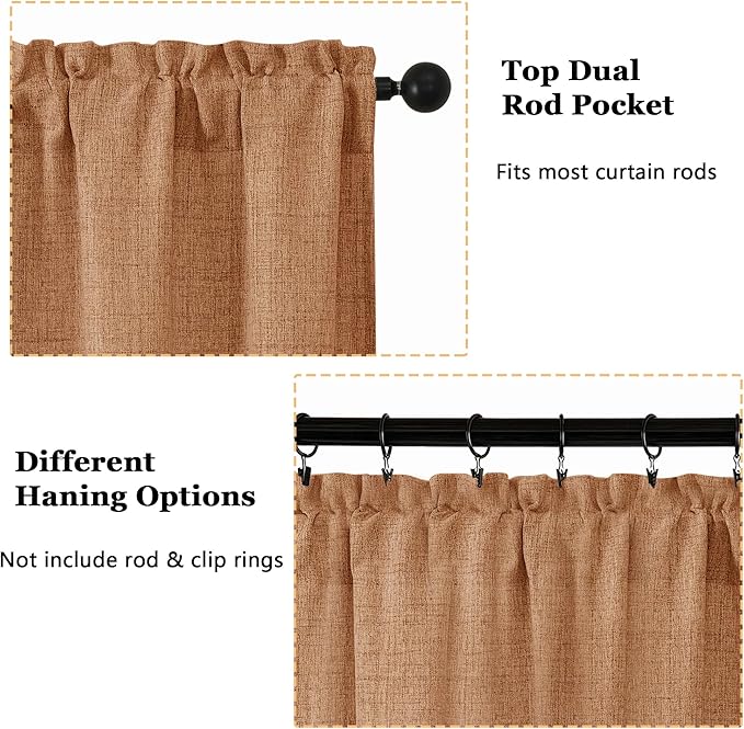 OWENIE Orange Valances for Windows 1 Pcs, Light Filtering Textured Farmhouse Short Small Valance Curtains for Bathroom Basement Living Room Bedroom, Rod Pocket Half Curtains Over Sink, 52Wx14L Inch