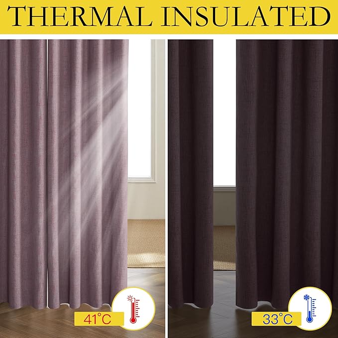 NICETOWN Chaise Mauve Vintage Linen 100% Blackout Curtains for Living Room, Thermal Insulated Curtains 108" Long, Noise Reducing Window Treatment Drapes for Hall Room, 52" Wide Per Panel, Set of 2