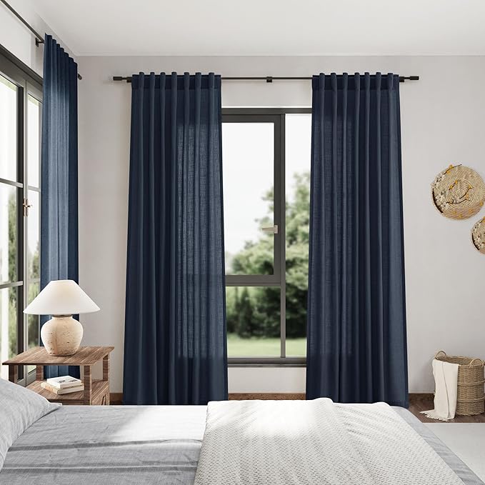 Nanspring Vintage Blue Linen Curtains 108 Inches Long for Living Room Bedroom 2 Panels Set Extra Long Back Tab Drapes Light Filtering Semi Sheer Floor to Ceiling Curtain for Large Windows 52x108