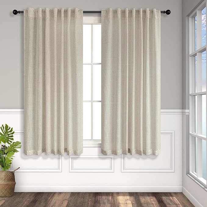 Beige Linen Curtains 45 Inch Length for Bedroom 2 Panels Back Tab Rod Pocket Primitive Burlap Canvas Look Lightweight Gourmet Non See Through Semi Sheer Short Bathroom Curtains for Small Windows Tan