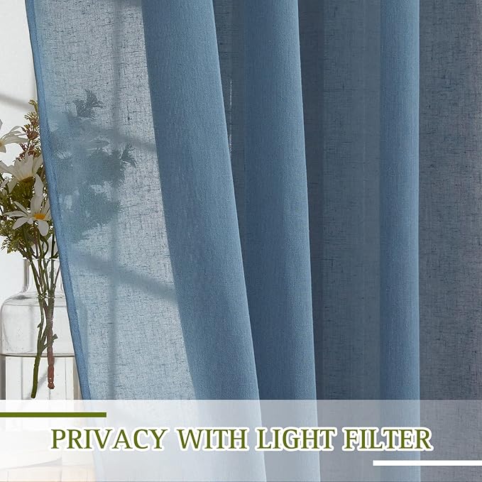 NICETOWN Flax Linen Sheer Curtains for Bedroom, Grommet Linen Blend Semi Sheer Vintage Curtains & Drapes Privacy with Light Filtering for Living Room, Stone Blue, 52" W x 72" L, Set of 2
