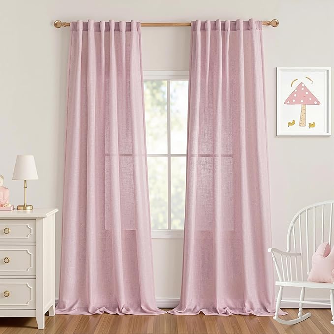 MYSKY HOME Extra Long Country Curtains for Sliding Glass Door Windows, Back Tab Semi Sheer Living Room Curtain Panels Ceiling to Floor Length Drapes Linen Texture Soft, 50 x 108 in, Pink, Set of 2