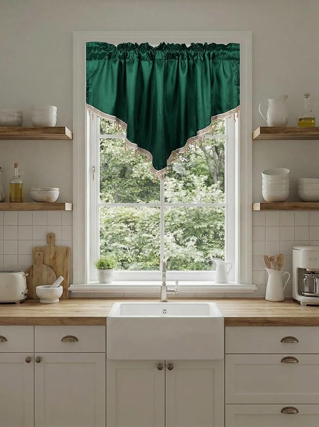 Molaxhome Swag Curtain 51 inch Length Rod Pocket Scalloped Curtain Valance Sheer Lace Panels with Hanging Crystal Beads for Kitchen Bedroom Window Treatments Drape Decor 1pc (Cloth Green, 51Wx23L)