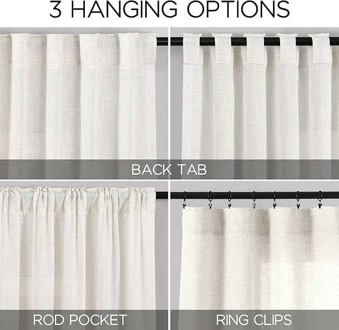 Nanspring Extra Long Beige White Curtains 105 Inch Long 2 Panels for Living Room Extra Long Back Tab Neutral Farmhouse Light Transmitting Semi Transparent Linen Curtains for Large Windows