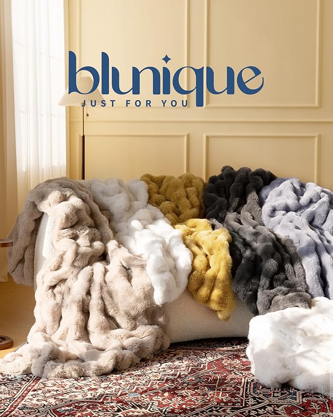 Ultra Soft Cozy Faux Fur Throw Blanket, Fuzzy Plush Thick Bubble Blanket, Oversize Luxury Fluffy Blanket for Couch, Bed, and Living Room, 50x60 Inches, Light Grey