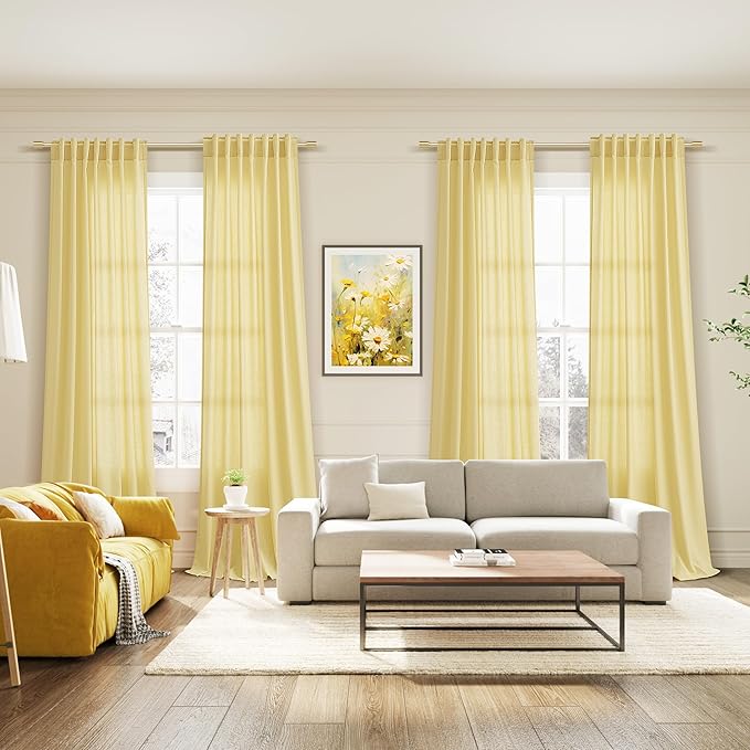 Yellow Linen Curtains 100 inches Long for Bedroom Back Tab Light Filtering Privacy Sheer Yellow Curtains Modern Farmhouse Coastal Decor Cotton Textured Curtain for Living Room 2 Panel Set 52x100