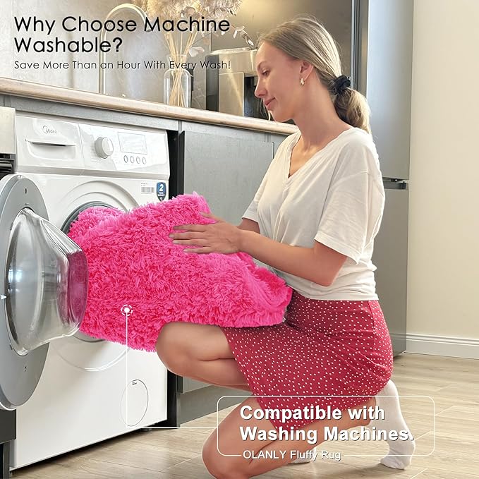 OLANLY 3x5 Machine Washable Small Bedside Rug, Soft Fluffy Shaggy Rugs for Living Room, Bedroom, Indoor Floor Carpet for Kids Girls and Boys, Preppy Dorms, Nursery, Home Decor Aesthetic, Hot Pink