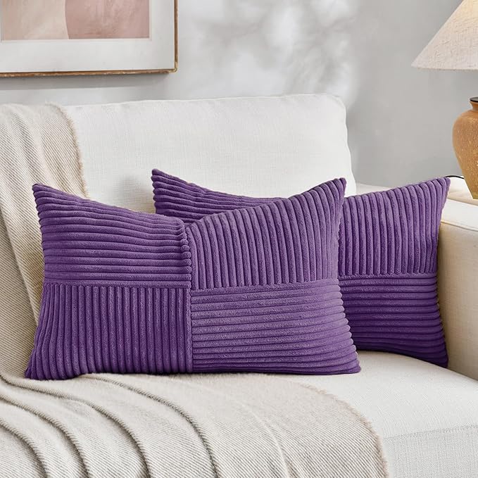 Fancy Homi 2 Packs Purple Lumbar Decorative Throw Pillow Covers 14x22 Inch for Living Room Couch Bed, Farmhouse Boho Home Decor, Soft Striped Corduroy Rectangle Accent Cushion Case 35x55 cm