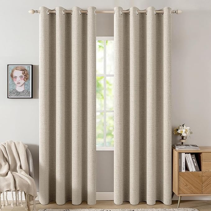 MIULEE 100% Blackout Linen Curtains for Bedroom Thermal Insulated Stone Grommet Room Darkening Curtains & Drapes Fall Decor for Living Room Nursery 52 x 96 Inch (2 Panels)