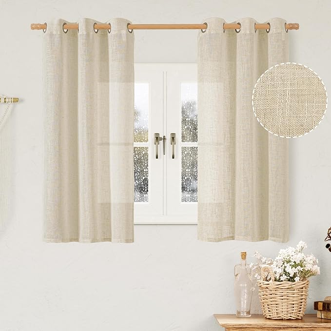 LAMIT Sheer Linen Window Curtains 54 Inch Length for Bedroom, Faux Linen Textured Light Filtering Drapes Bronze Grommet Boho Panels for Kitchen/Living Room, 2 Panels, Linen, 34 x 54 Inch