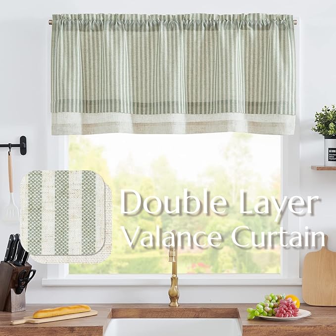 jinchan Linen Valance Curtain Striped Small Window Curtain Double Layer Light Filtering Modern Farmhouse Valance for Kitchen Living Room Bedroom 18 Inch Rod Pocket 1 Panel Green on Beige