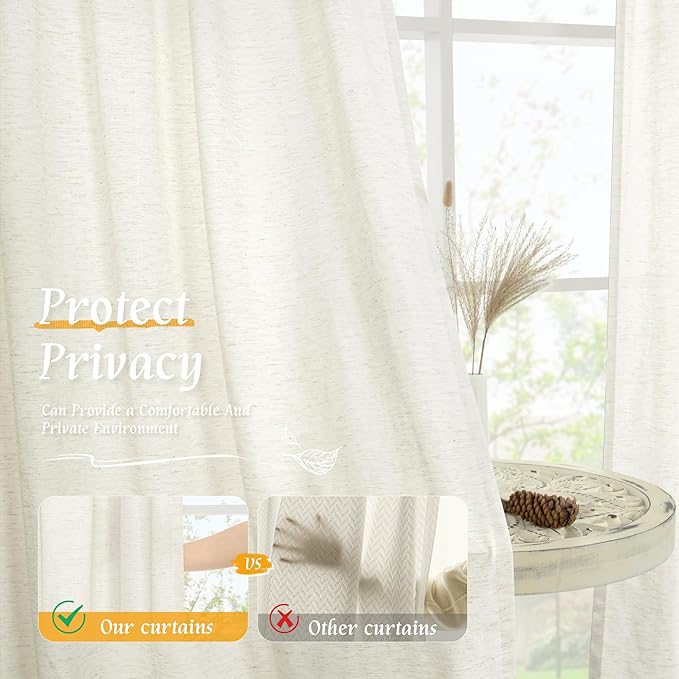 LAMIT Cream Linen Curtains 48 Inch Length 2 Panels, Light Filtering Faux Linen Textured Panels Rod Pocket Neutral Privacy Drapes for Kitchen/Window/Loft Room/Bedroom, 42 x 48 Inch