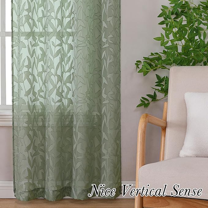 Lecloud Leia Sage Green Sheer Curtains 96 Inches Long 2 Panels, Airy Voile Jacquard Leaf Textured Curtains, Light Filtering Farmhouse Rod Pocket Curtain Drapes for Bedroom Living Room, 52" W x 96" L
