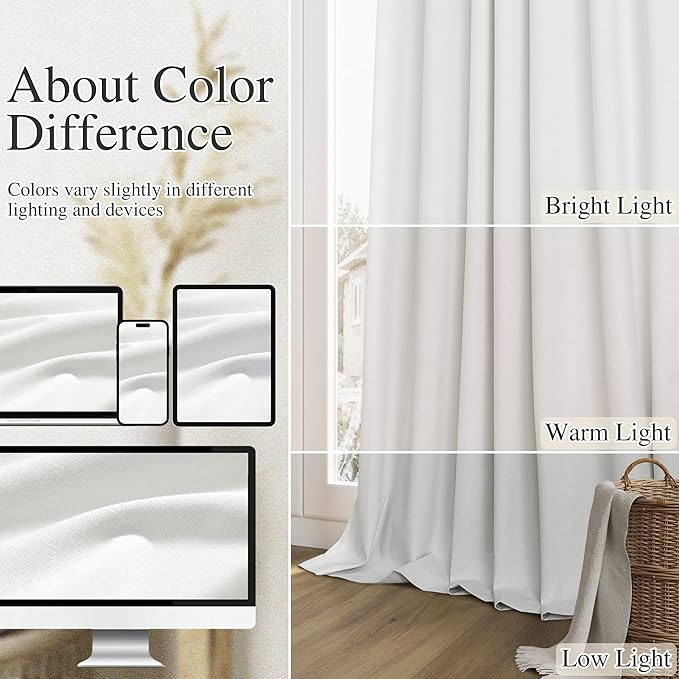 Guken White 100% Blackout Linen Curtains 70 Inch Wide by 108 Inch for Living Room Bedroom Back Tab Thermal Insulated Black Out 1 Drapes Room Darkening Window Curtains,1 Panel