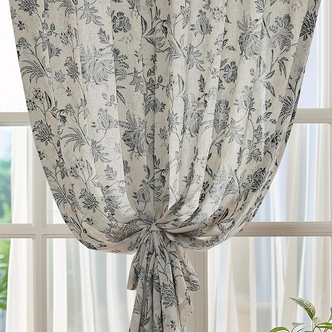 jinchan Linen Floral Curtains for Living Room with Printed Flower 84 Inches Long Light Filtering French Country Back Tab Rod Pocket Black Window Curtain Set Farmhouse Drapes 2 Panels Black