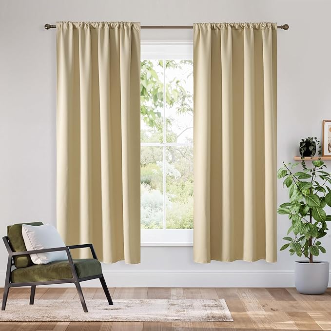 RYB HOME Bedroom Blackout Curtains 72 inches Long, 100% Blackout Thermal Insulated Noise Reducing Curtains for Living Room Nursury, 62 inches Wide by 72 inches Long, Biscotti Beige