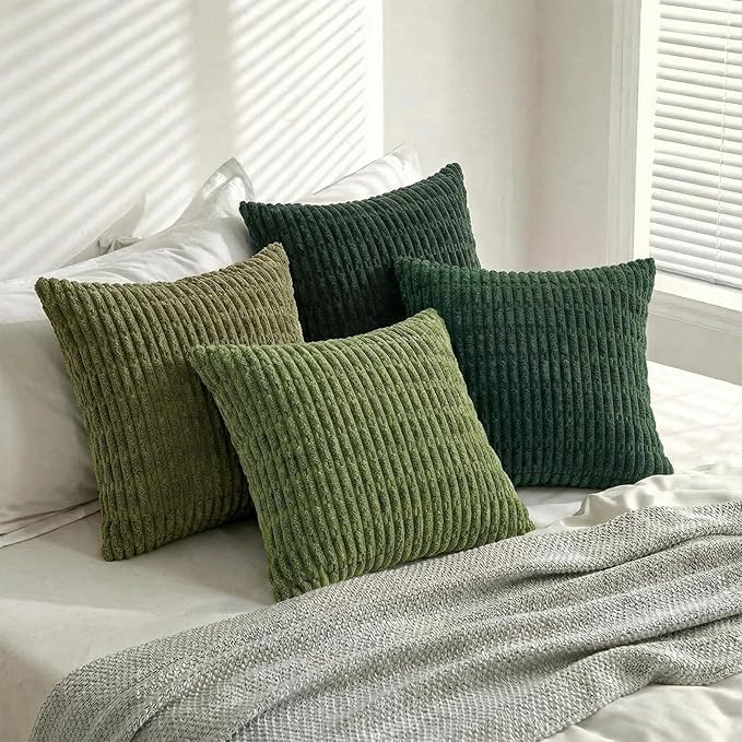 Fancy Homi Set of 4 Green Boho Winter Decorative Throw Pillow Covers 26x26 Inch for Couch Bed Sofa, Aesthetic Modern Bohemian Room Decor, Fuzzy Fluffy Cozy Corduroy Textured Cushion Case 66x66cm
