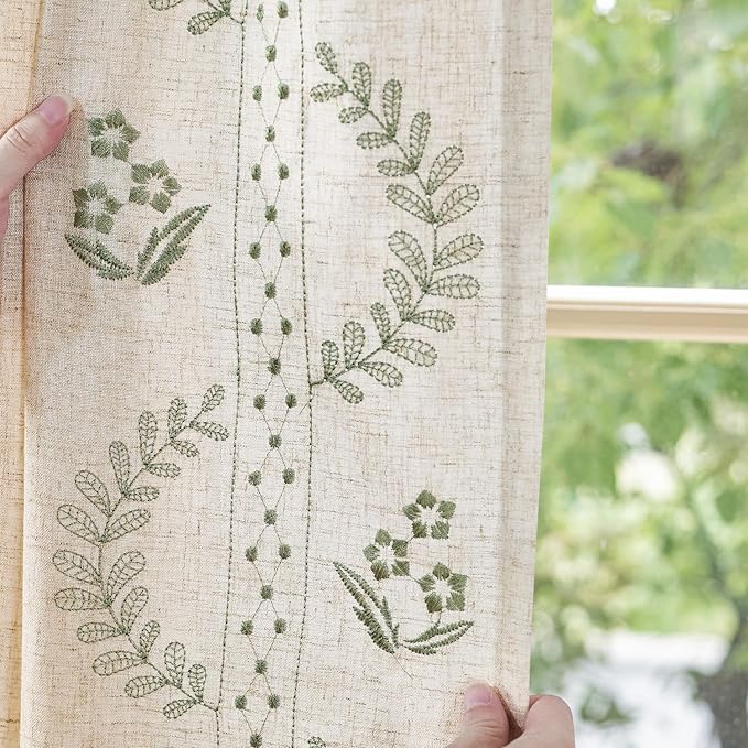 jinchan Belrose Linen Curtains for Bedroom Floral Curtains 72 Inch Length Linen Blend Sage Green Embroidered Drapes Farmhouse Flower Patterned Drapes for Living Room Window Treatments Set 2 Panels