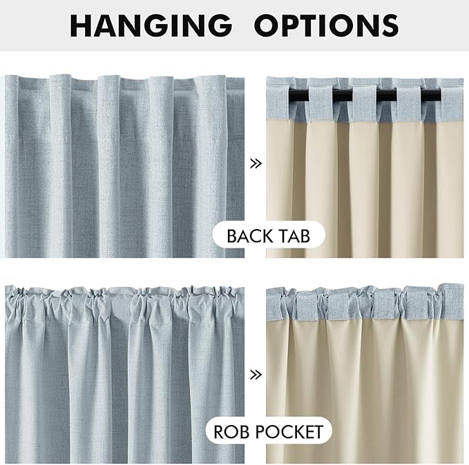 MIULEE 100% Blackout Linen Curtains for Bedroom, Chambray Blue Solid Luxury Decor Thermal Insulation Room Darkening Drapes for Living Room Nursery Back Tab Rod Pocket 42 x 96 Inches, 2 Panels
