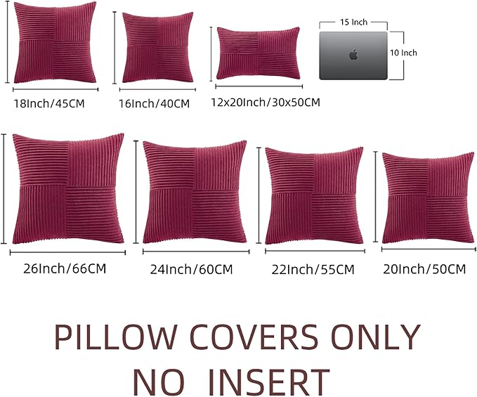 Fancy Homi 2 Packs Burgundy Decorative Throw Pillow Covers 22x22 Inch for Living Room Couch Bed Sofa, Rustic Farmhouse Boho Home Decor, Soft Corss Corduroy Patchwork Accent Cushion Case 55x55 cm