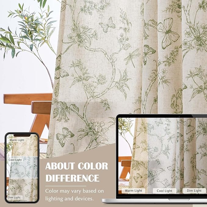 jinchan Floral Curtains Lined Linen Blend Curtain for Living Room 96 Inch Length Sage Green Farmhouse Flower Patterned Curtain French Country Curtains Drapes Back Tab Rod Pocket 2 Panels