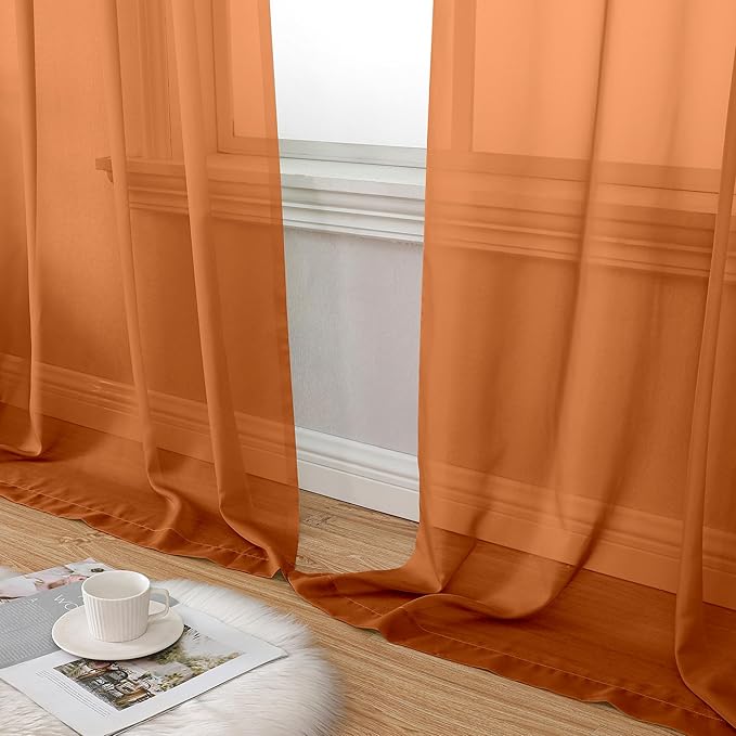 Aiyufeng Orange Sheer Curtains 96 Inches Long 2 Panels Set, Light Filtering Soft Airy Voile Rod Pocket Orange Sheer Window Drapes for Bedroom Living Room, Each 42Wx96L Inches