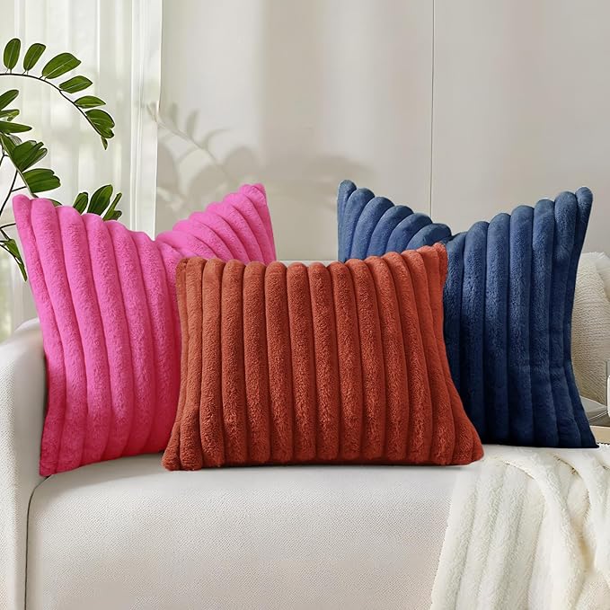 decorUhome Summer Cozy Faux Fur Throw Pillow Covers 20x20 Set of 2 Decorative Soft Plush Striped Modern Farmhouse Boho Couch Pillow Cases with Velvet Back for Sofa Bed Living Room, Hot Pink