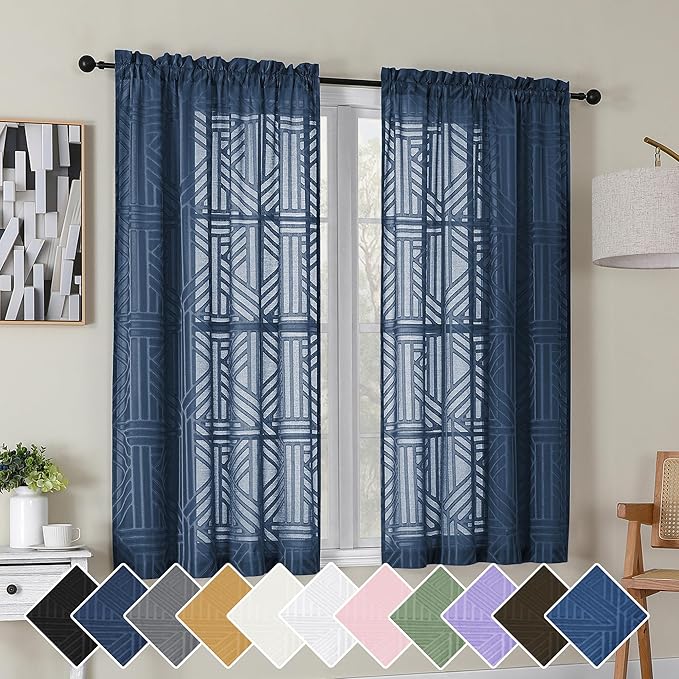 Simplebrand Navy Blue Semi Sheer Curtains 54 Inch Length 2 Panels, Geometric Jacquard Clip Textured Short Sheer Curtains for Bedroom，Modern Elegant Window Curtains Drapes/Treatment Sheer，42x54 inch