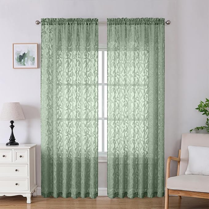 Lecloud Leia Sage Green Sheer Curtains 90 Inches Long 2 Panels, Airy Voile Jacquard Leaf Textured Curtains, Light-Filtering Farmhouse Rod Pockets Curtain Drapes for Bedroom Living Room, 52" W x 90" L