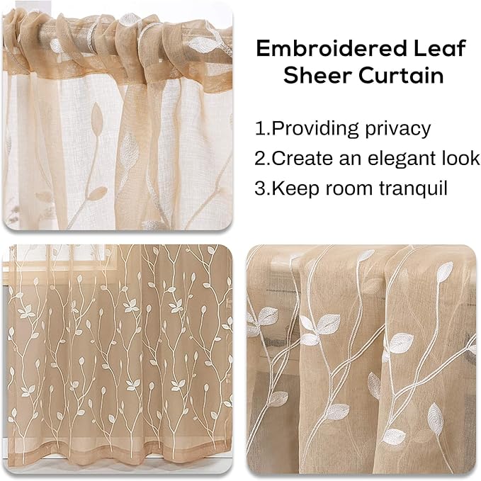 AmHoo 2 Panels Embroidered Leaf Pattern Semi Sheer Curtains Foliage Floral Voile Window Draperies Treatment for Bedroom Living Room Rod Pocket Beige 53 x 63 Inch