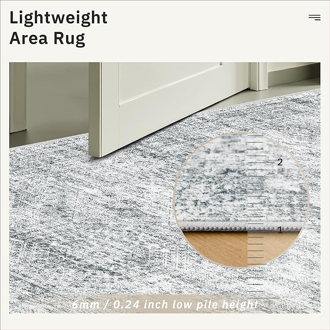 Area Rug 10x12 Vintage Washable Living Room Large Gray Carpet Non Slip Bedroom Indoor Office Dining Room Low Pile Thin Rug Grey