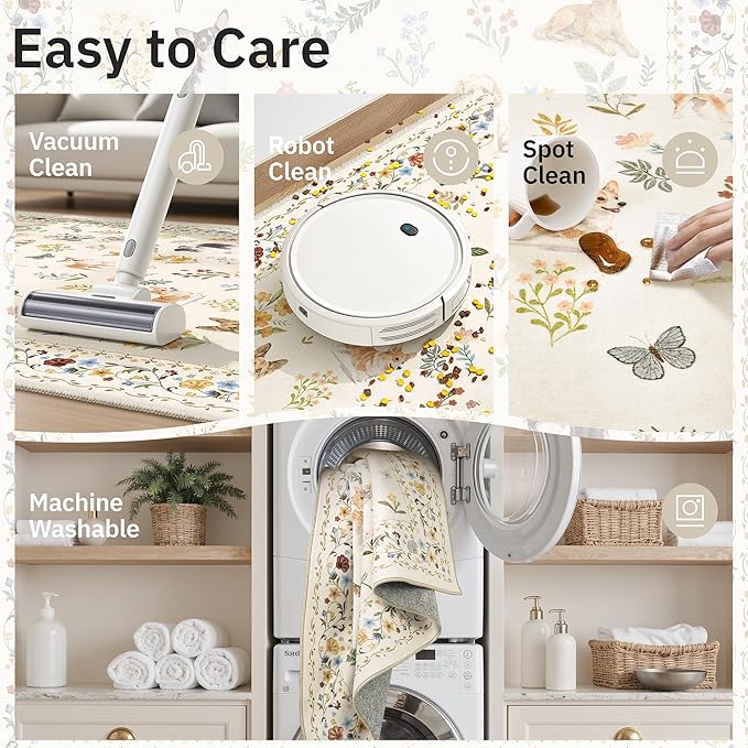 Dog 5x7 Area Rugs for Living Room, Machine Washable Animal Floral Vintage Rug Non-Slip Low Pile Soft Throw Rugs for Kitchen Dining Room Bedroom Nursery Playroom (5 x 7,Beige)