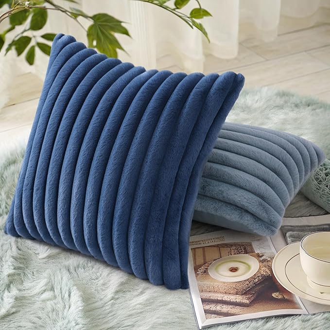 decorUhome Cozy Faux Fur Throw Pillow Covers 22x22 Set of 2 Decorative Soft Plush Striped Modern Farmhouse Boho Couch Euro Sham Pillow Cases with Velvet Back for Sofa Bed Living Room, Blue
