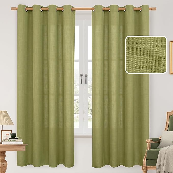 LAMIT Moss Green Linen Curtains 72 inches Long for Bedroom, Grommet Thick Linen Textured Privacy Drapes Light Filtering Christmas Curtains for Farmhouse/Living Room, Set of 2 Panels, 52 x 72 Inch
