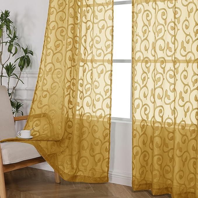 OWENIE Furman Gold Sheer Curtains 84 inches Long for Bedroom Living Room 2 Panels Set, Jacquard Clip Light Filtering Semi Sheer Curtains Rod Pocket Window Drapes, 2 Pcs Each 40 W 84 L