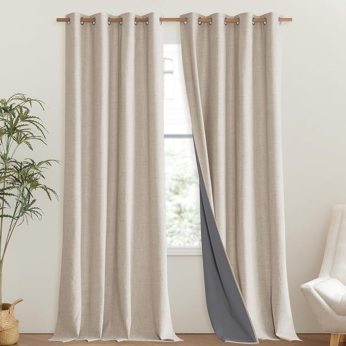 NICETOWN Cream 100% Blackout Linen Curtains 102 inch Long Burg for Living Room, 1 Pair, 52" Width Each Panel, Farmhouse Thick Completely Blackout Window Treatment Thermal Insulated Drapes