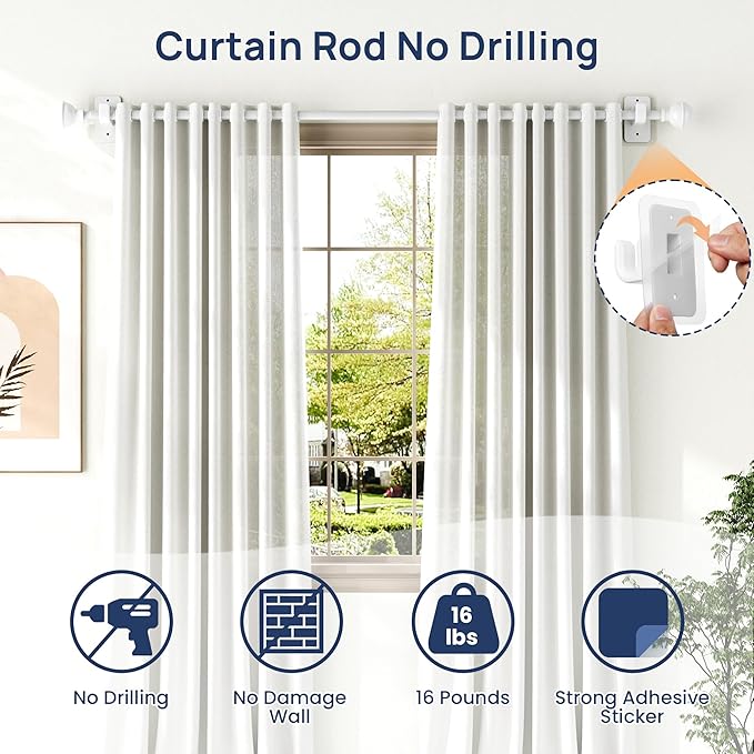 ENJOYBASICS No Drill Curtain Rods for Window 28 to 60 Inches, 5/8 Inch Diameter Renter Friendly Drapery Rod with Adhesive Brackets without Drilling, Adjustable from 27 to 65 Inches, White